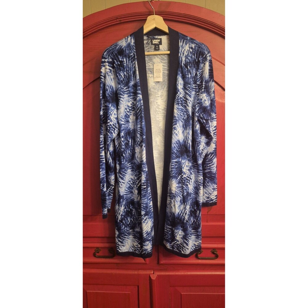 NWT Lands' End Women's XL Open Front Long Cardigan Blue Tie Dye Jersey Knit
